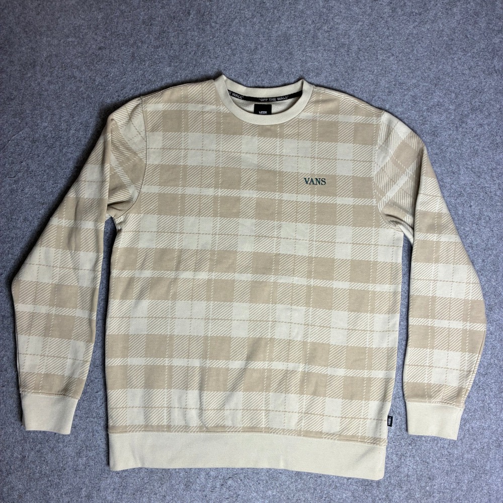 Vans Mens Plaid Crewneck Sweatshirt Tan Cream Fleece Lined Large Pullover